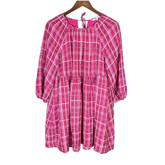 Madewell Azalea Pink & White Plaid Shirred Pockets Babydoll Summer Mini Dress - Picture 11 of 14